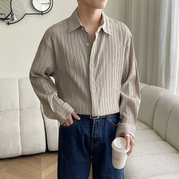 Youth Pleated Long-Sleeve Korean Shirts For Men Oversize Men‘s Loose Elegant British Solid Color Cardigan Shirts Autumn Winter